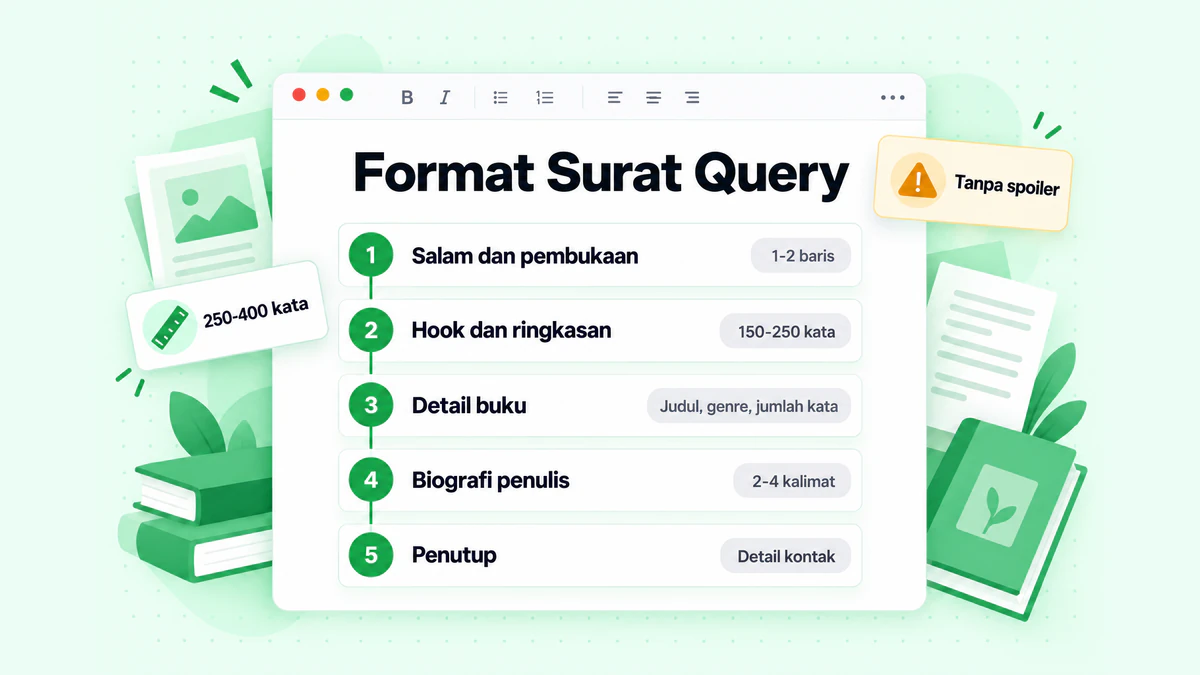 Format surat query: lima bagian surat query, dari pembukaan yang dipersonalisasi hingga biografi penulis dan penutup