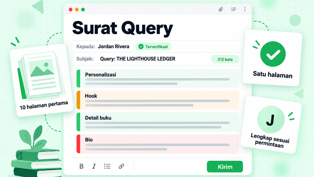 Editor surat query menampilkan personalisasi, hook, detail buku, bio, dan tombol kirim