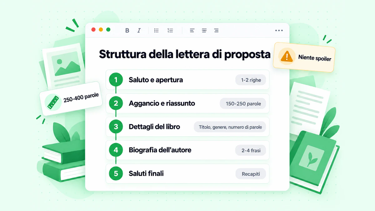 Struttura della lettera di proposta: le cinque parti, dall’apertura personalizzata alla biografia dell’autore e ai saluti finali