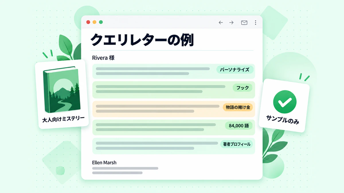 クエリレターの例：パーソナライズ、フック、書籍情報、著者略歴を強調したフィクション向けクエリのサンプル