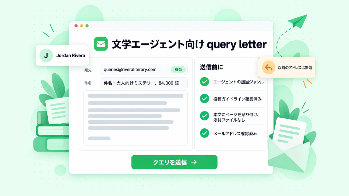 文学エージェント向け query letter：検証済みの宛先と提出チェックリストが表示されたメール作成画面