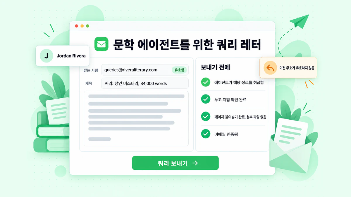 문학 에이전트를 위한 쿼리 레터: 인증된 수신자 주소와 제출 체크리스트가 표시된 이메일 작성 창