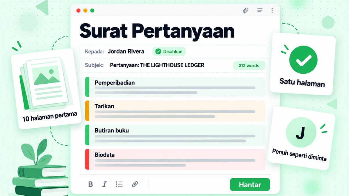 Editor surat pertanyaan memaparkan pemperibadian, tarikan, butiran buku, bio dan butang hantar