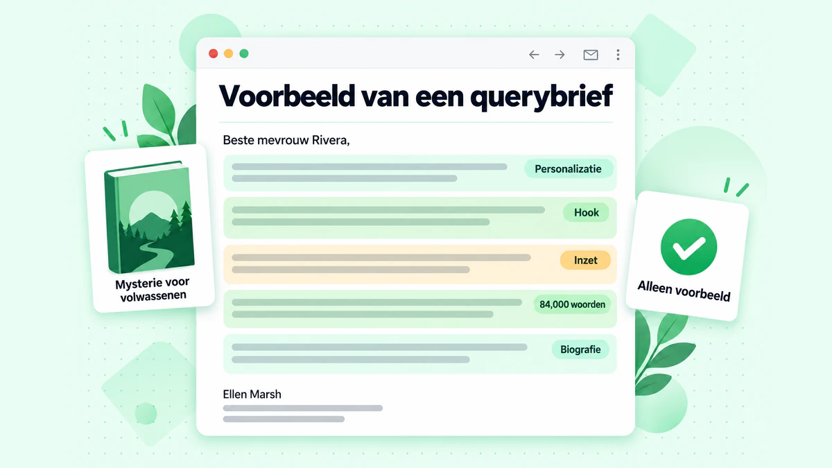 Voorbeeld van een querybrief: een voorbeeld van een fictiequery met gemarkeerde personalisatie, hook, boekgegevens en biografie