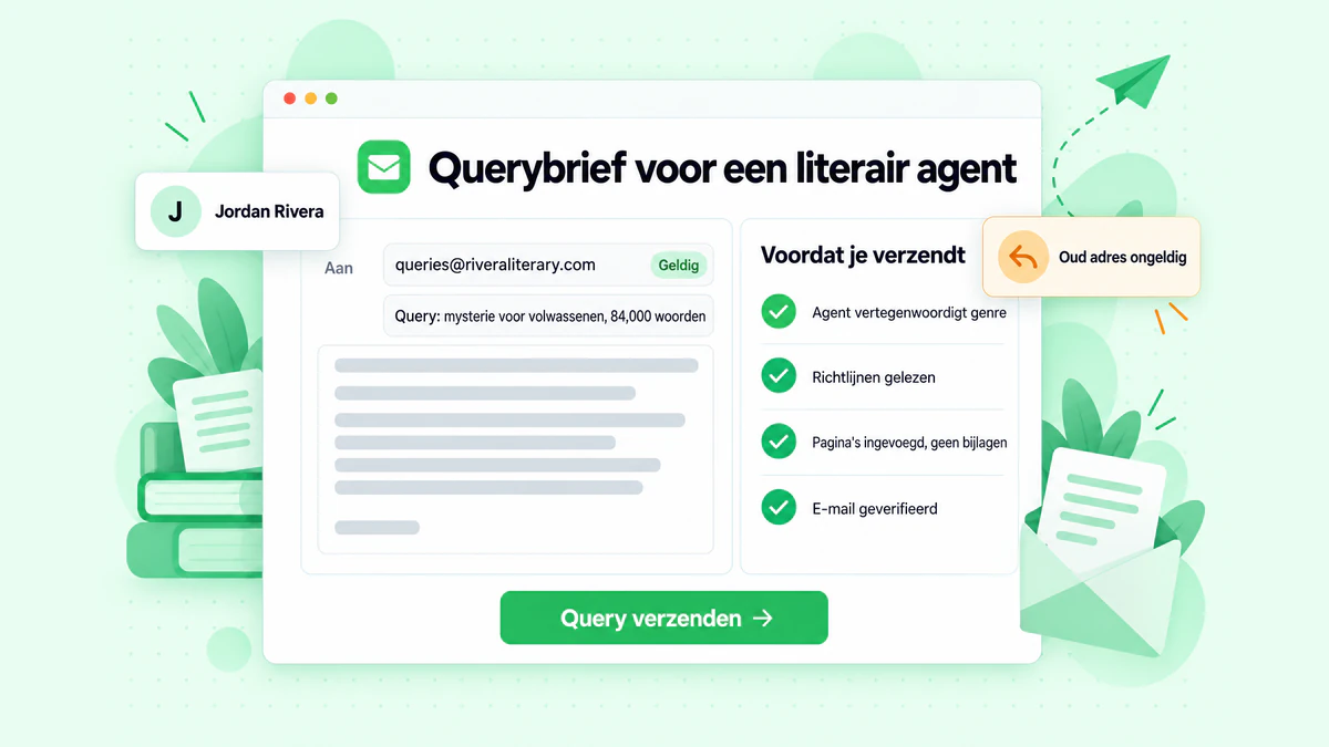 Querybrief voor een literair agent: een venster voor het opstellen van een e-mail met een geverifieerd ontvangersadres en een checklist voor indiening