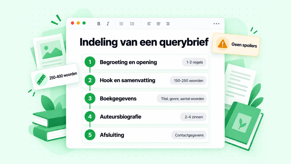 Indeling van een querybrief: de vijf onderdelen van een querybrief, van gepersonaliseerde opening tot auteursbiografie en afsluiting
