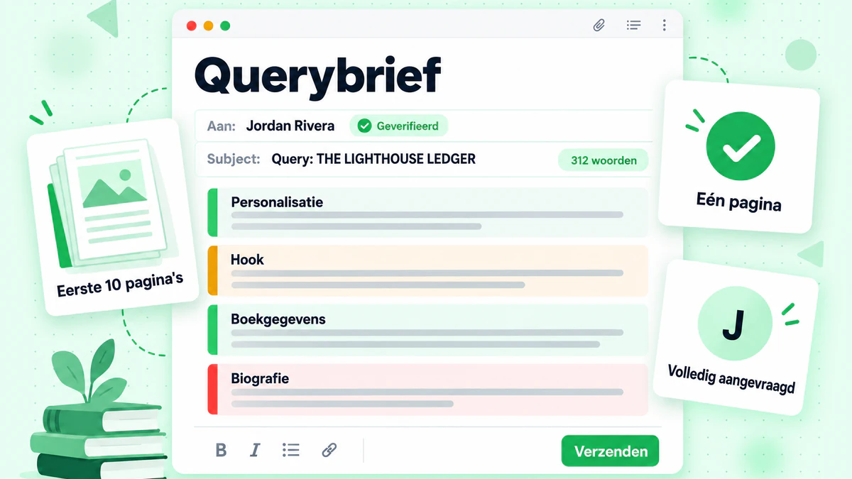 Een editor voor een querybrief met personalisatie, hook, boekgegevens, bio en verzendknop
