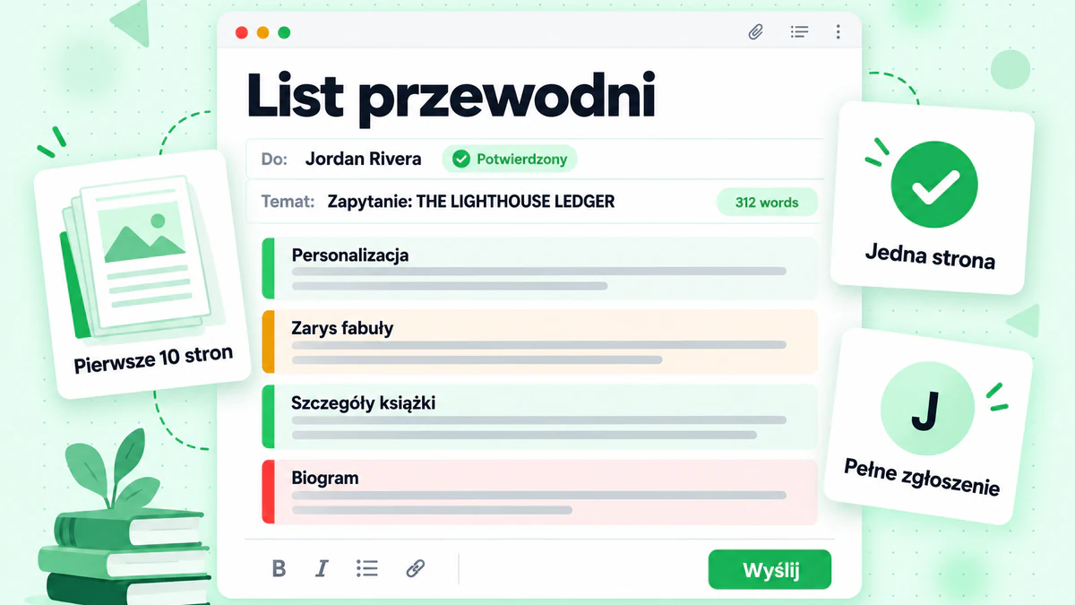 Edytor listu zapytania z personalizacją, zajawką, szczegółami książki, biogramem i przyciskiem wysyłania