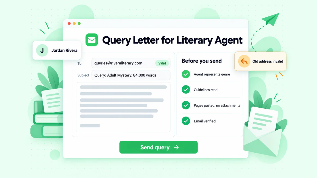 Query letter for literary agent: an email compose window with a verified recipient address and a submission checklist
