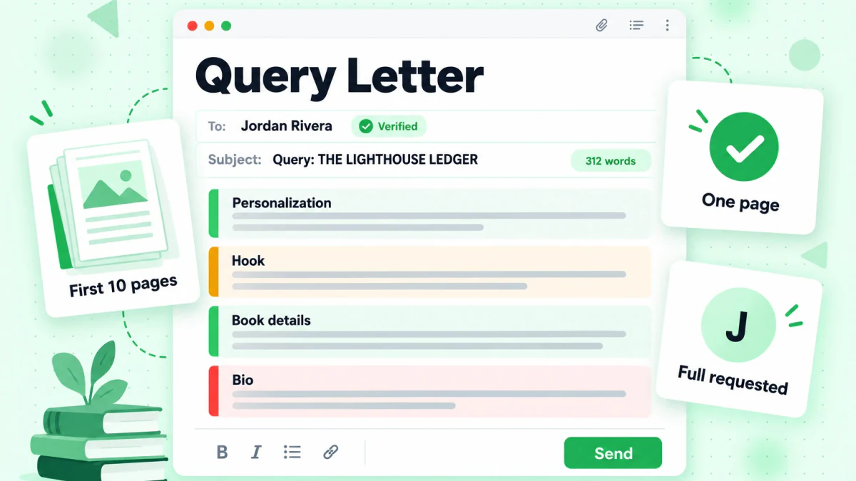 A query letter editor showing personalization, hook, book details, bio, and send button