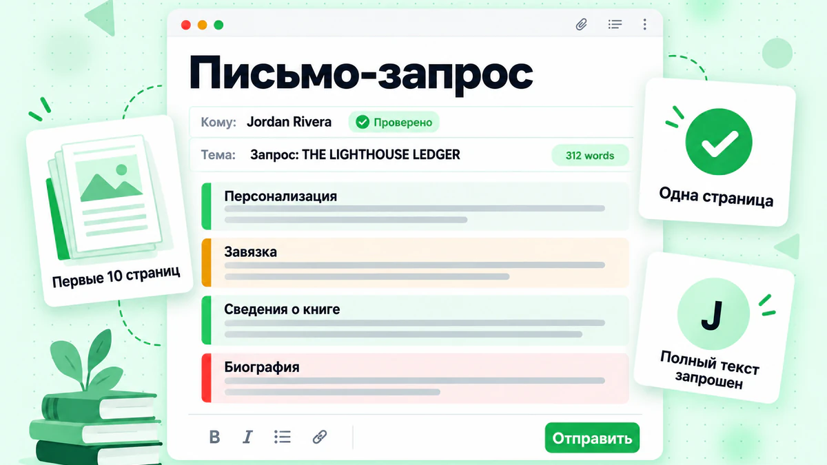 Редактор письма-запроса с персонализацией, хуком, данными о книге, биографией и кнопкой отправки