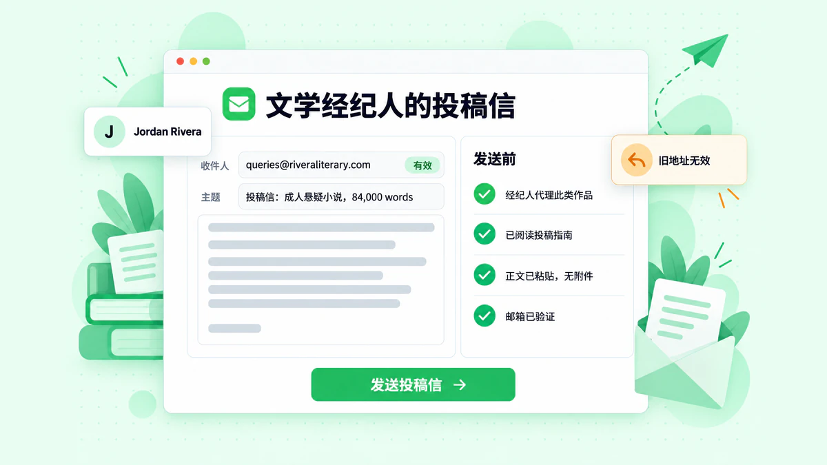 文学经纪人的投稿信：一个显示已验证收件人地址和投稿检查清单的邮件撰写窗口