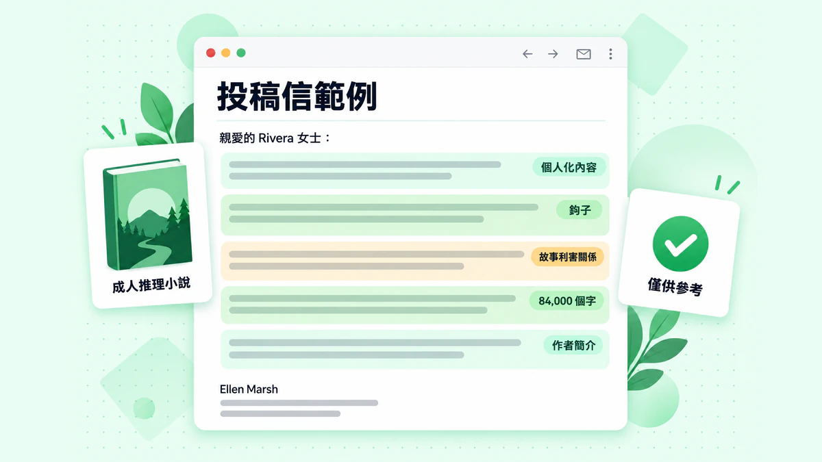 查詢信範例：一封以醒目方式標示個人化內容、故事鉤子、書籍資訊和作者簡介的小說查詢信範例