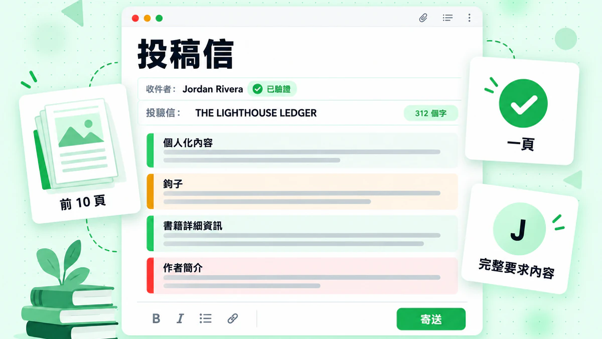 顯示個人化內容、吸引點、書籍詳細資料、作者簡介及寄送按鈕的投稿信編輯器