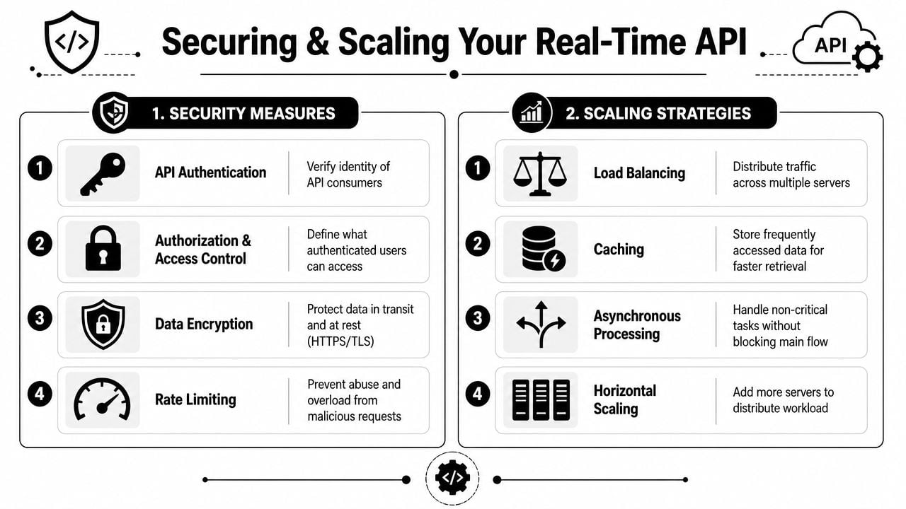 A visual guide outlining four key security measures and four scaling strategies for real-time APIs.