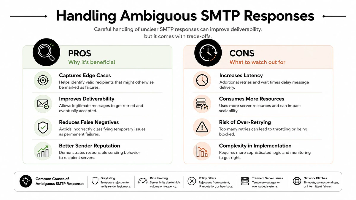 An infographic detailing the pros and cons of handling ambiguous SMTP email responses for better deliverability.