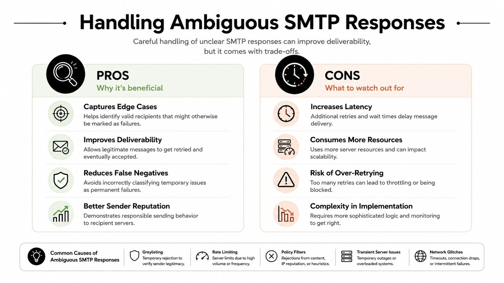 An infographic detailing the pros and cons of handling ambiguous SMTP email responses for better deliverability.
