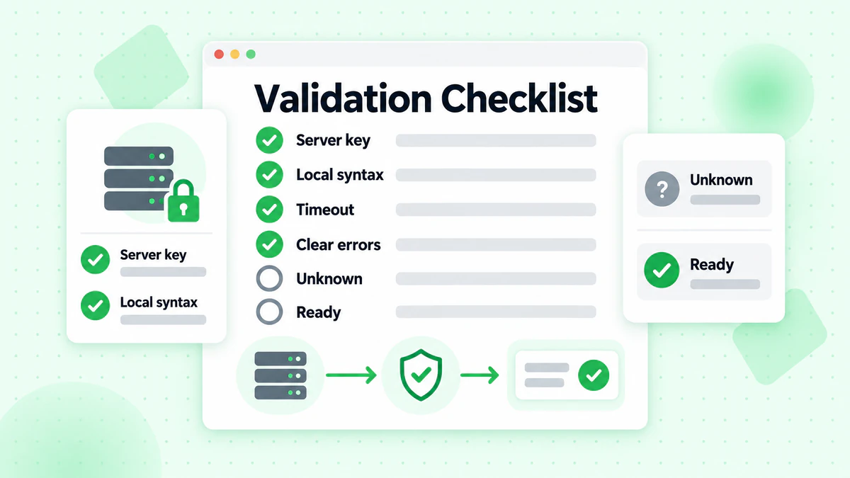 Validation Checklist shows server-side checks, timeout handling, and uncertain results