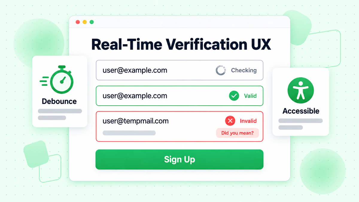 UX per la verifica in tempo reale: campo di iscrizione in verifica, valido e non valido con correzione refusi