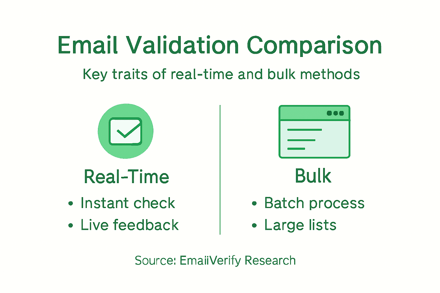 Infográfico comparando validação de email em tempo real e em lote
