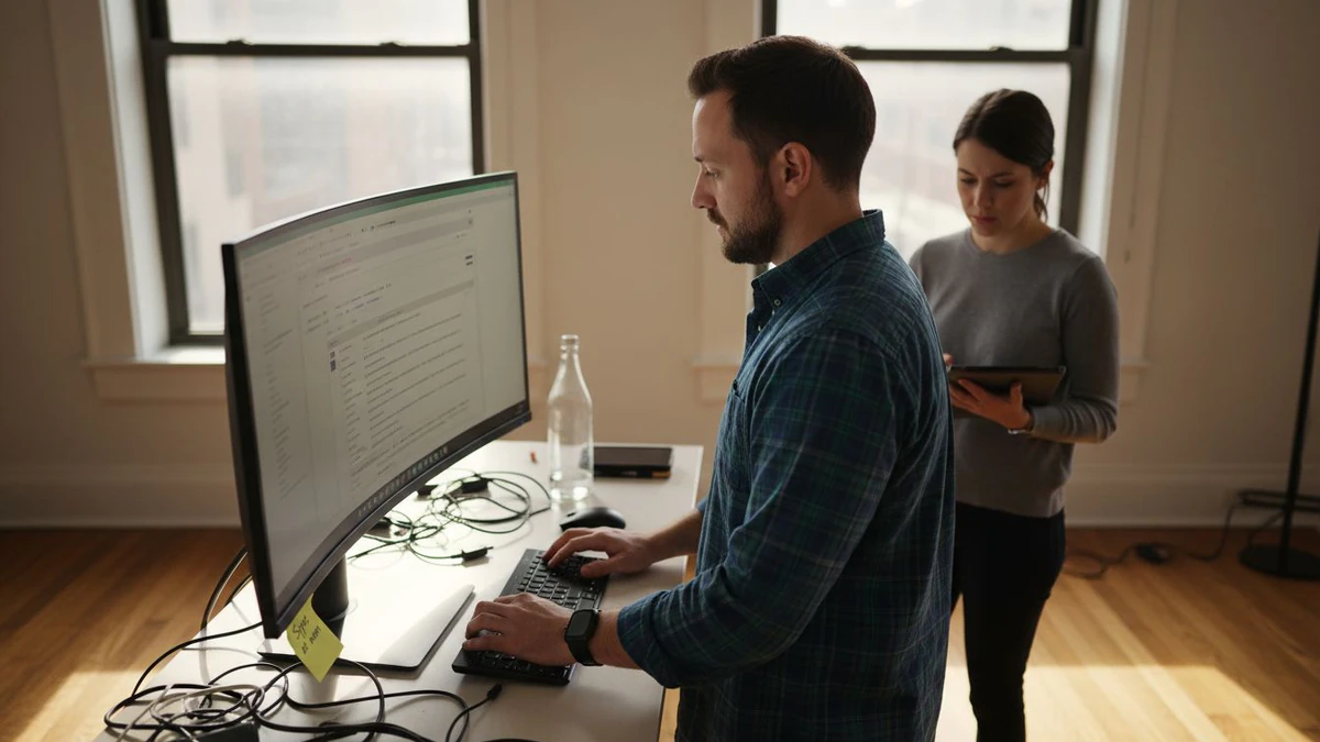 Man at a curved monitor with a colleague holding a tablet, comparing real-time vs bulk email validation