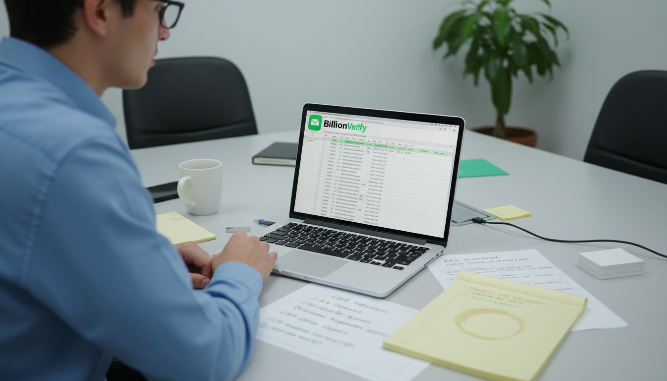 技術人員在辦公室筆記本電腦上準備電子郵件列表