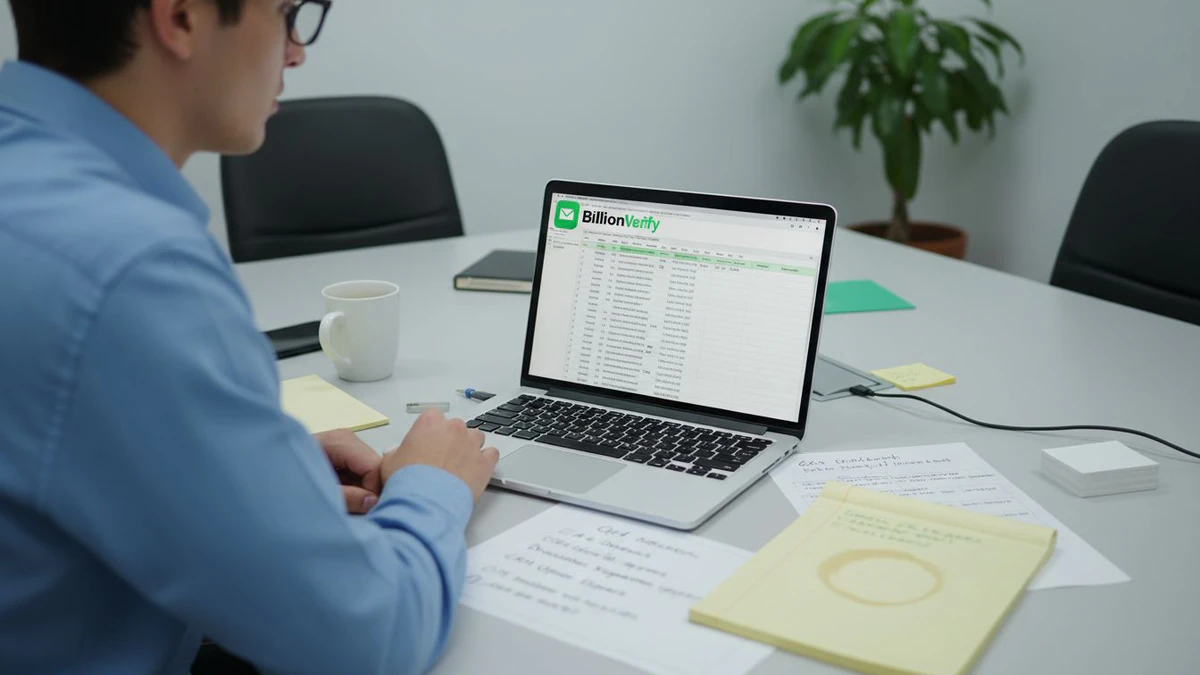 Worker preparing email list on laptop in office