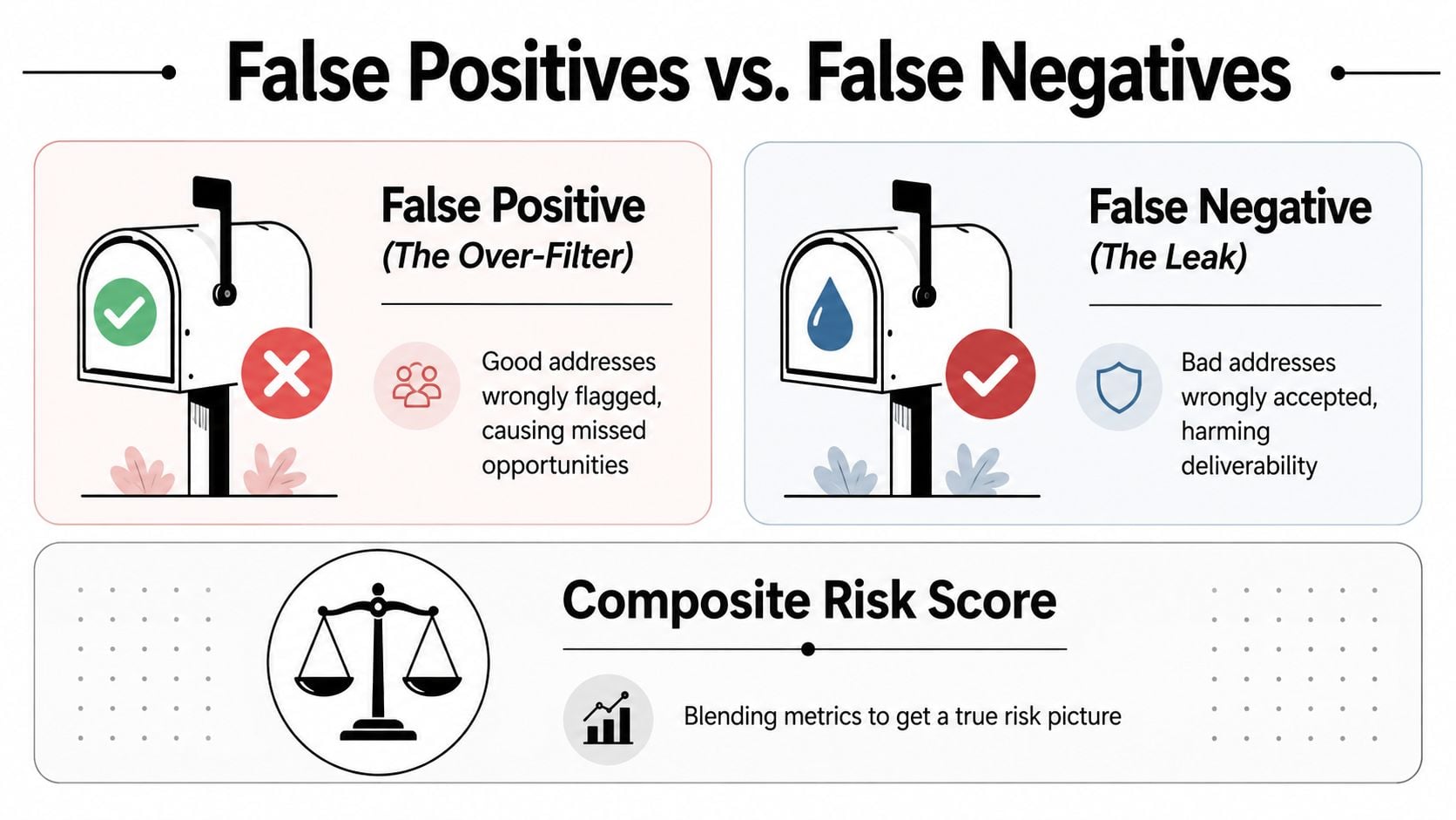 An infographic illustrating false positives and false negatives, plus the concept of a composite risk score.
