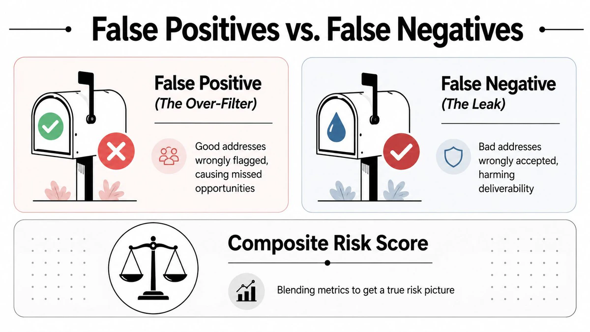 An infographic illustrating false positives and false negatives, plus the concept of a composite risk score.