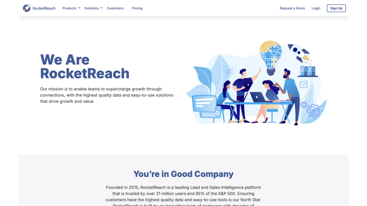 RocketReach company overview on the About Us page