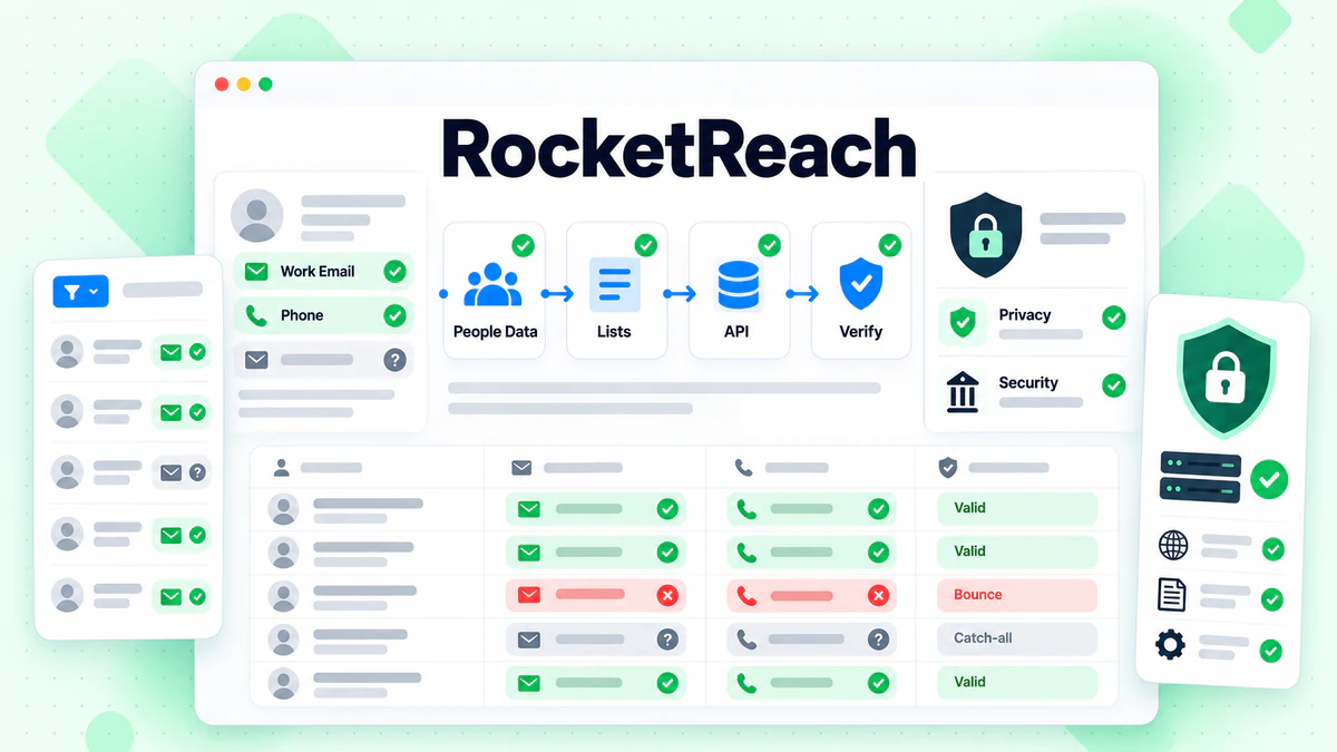 RocketReach dashboard showing people data, contact discovery, verification, privacy, and security