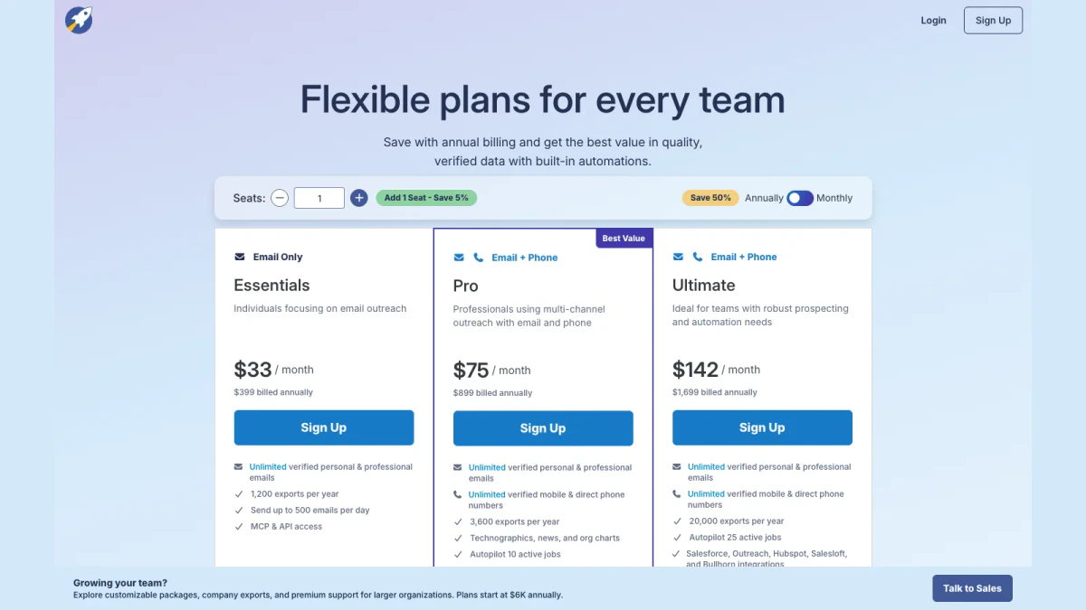 RocketReach plans: Essentials, Pro and Ultimate on the pricing page