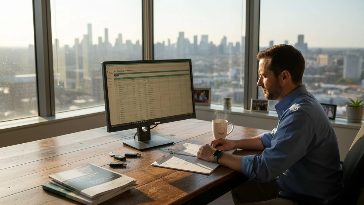 Man at a city-view desk reviewing a results spreadsheet that shows the role of email validation
