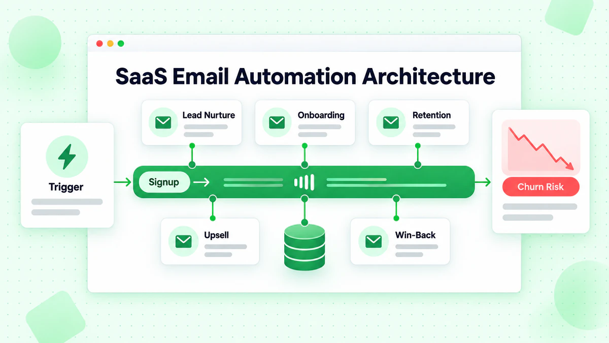 SaaS email automation architecture: event bus linking onboarding, retention, upsell and win-back flows