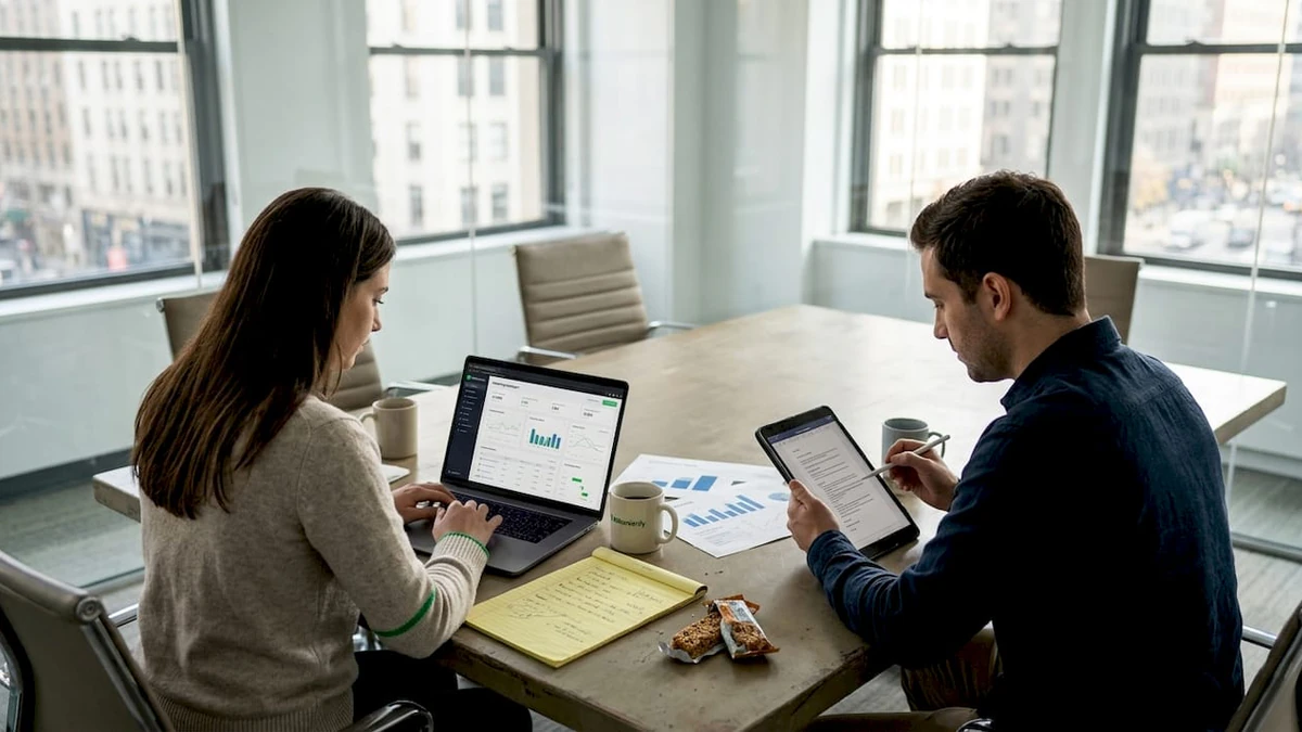 Two colleagues at a table comparing ConvertKit vs Mailchimp results on a laptop and tablet