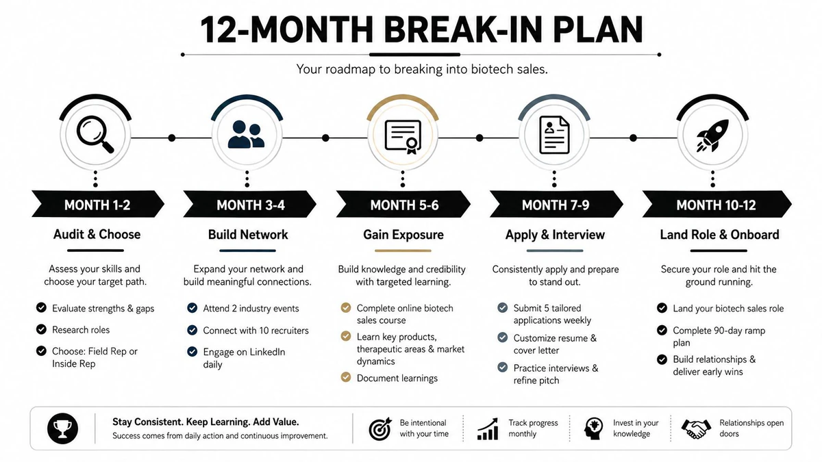 A roadmap infographic titled 12-month break-in plan for securing a career in biotech sales.