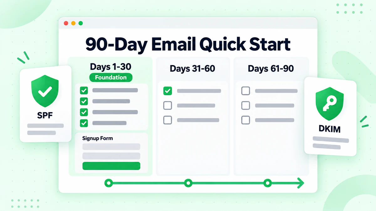 90-Tage-Schnellstart-Plan: Basis-Checkliste für Tag 1-30 mit Anmeldeformular, SPF und DKIM