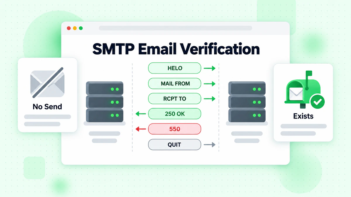 SMTP email verification handshake: HELO, MAIL FROM and RCPT TO answered by 250 OK or 550, no send