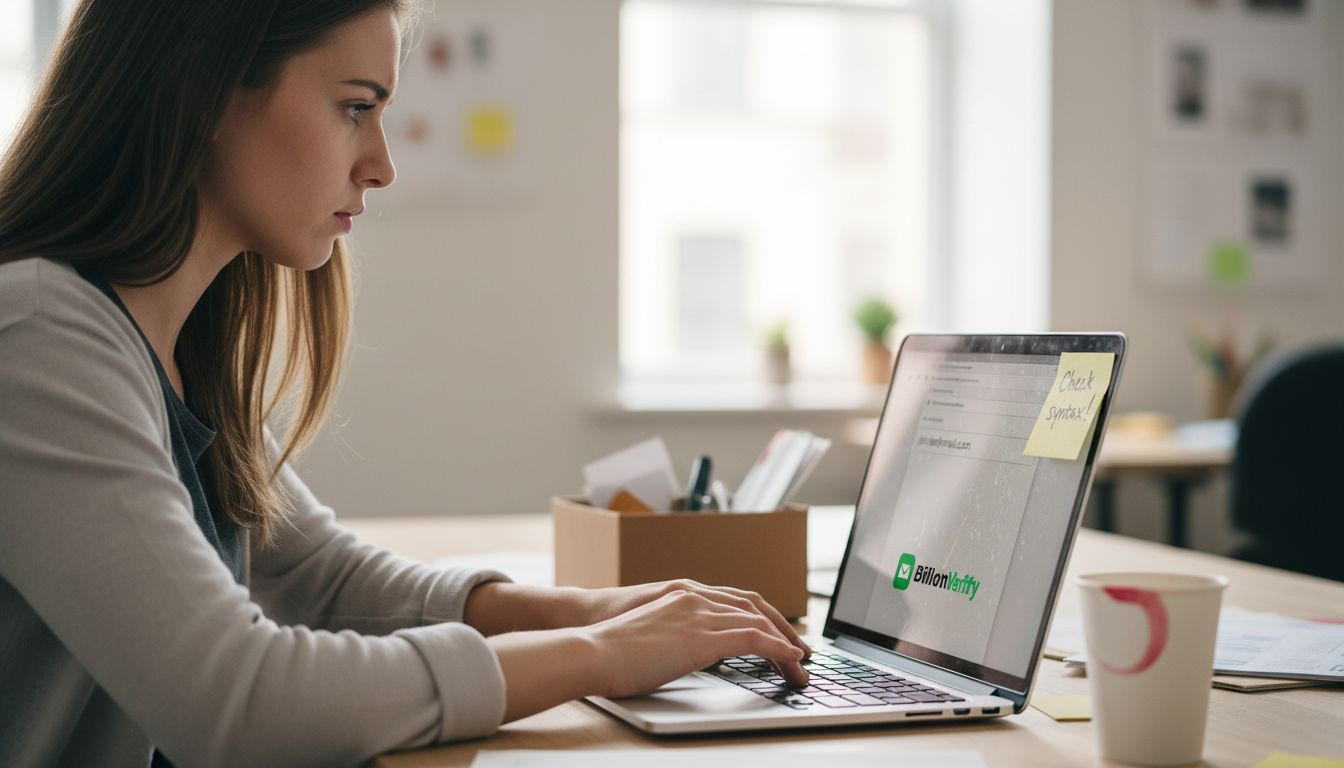 Worker correcting invalid email typo at desk