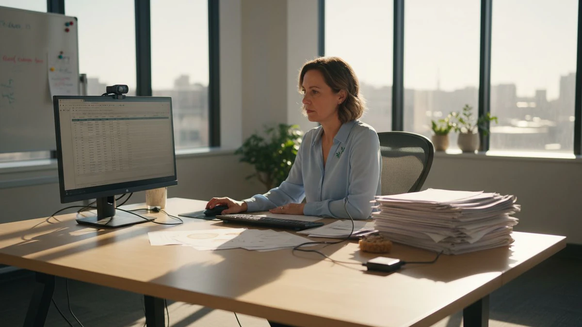 Woman at a sunlit desk beside stacks of paper following step by step email list cleaning on her monitor
