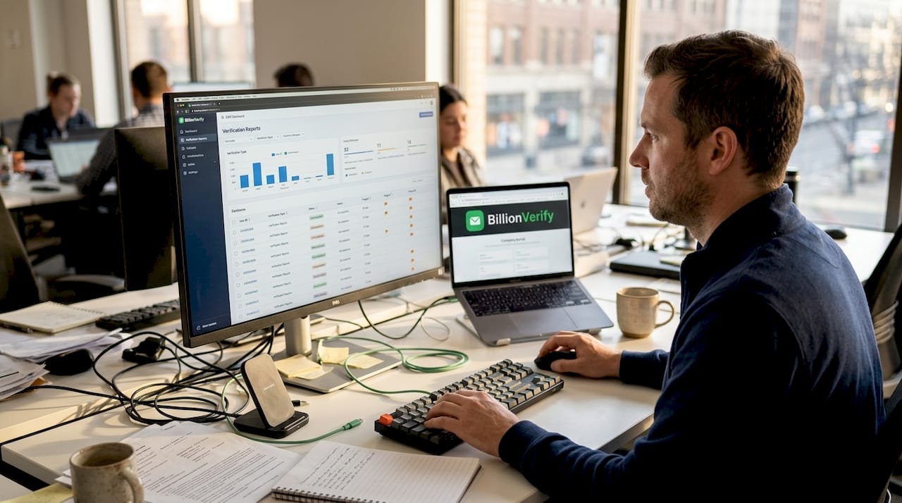 Мужчина работает над проверкой электронной почты CRM