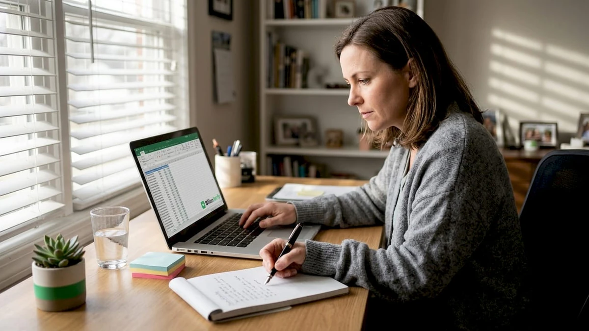 Woman writing notes beside a laptop spreadsheet at a home desk, building a robust email hygiene routine