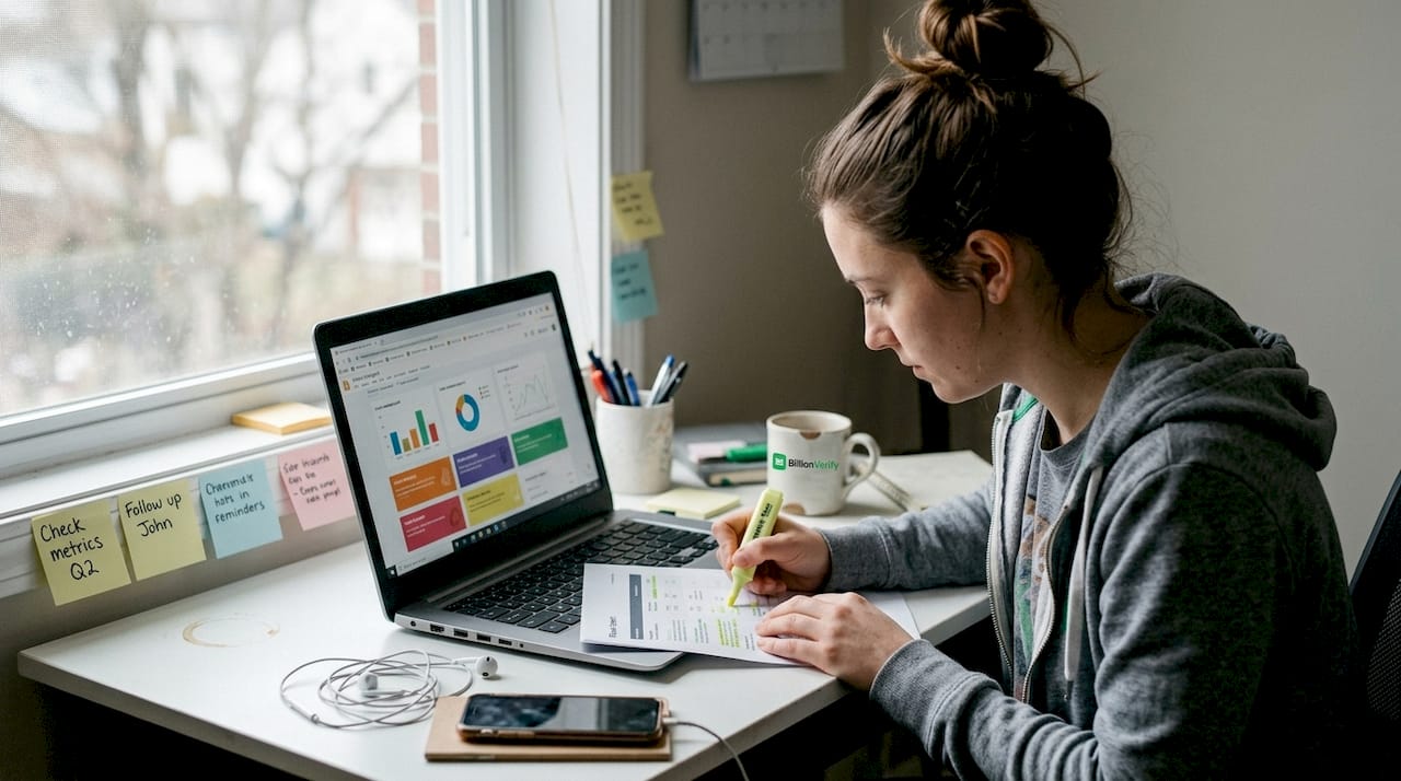 Marketer überprüft E-Mail-Suppressionsbericht am Schreibtisch