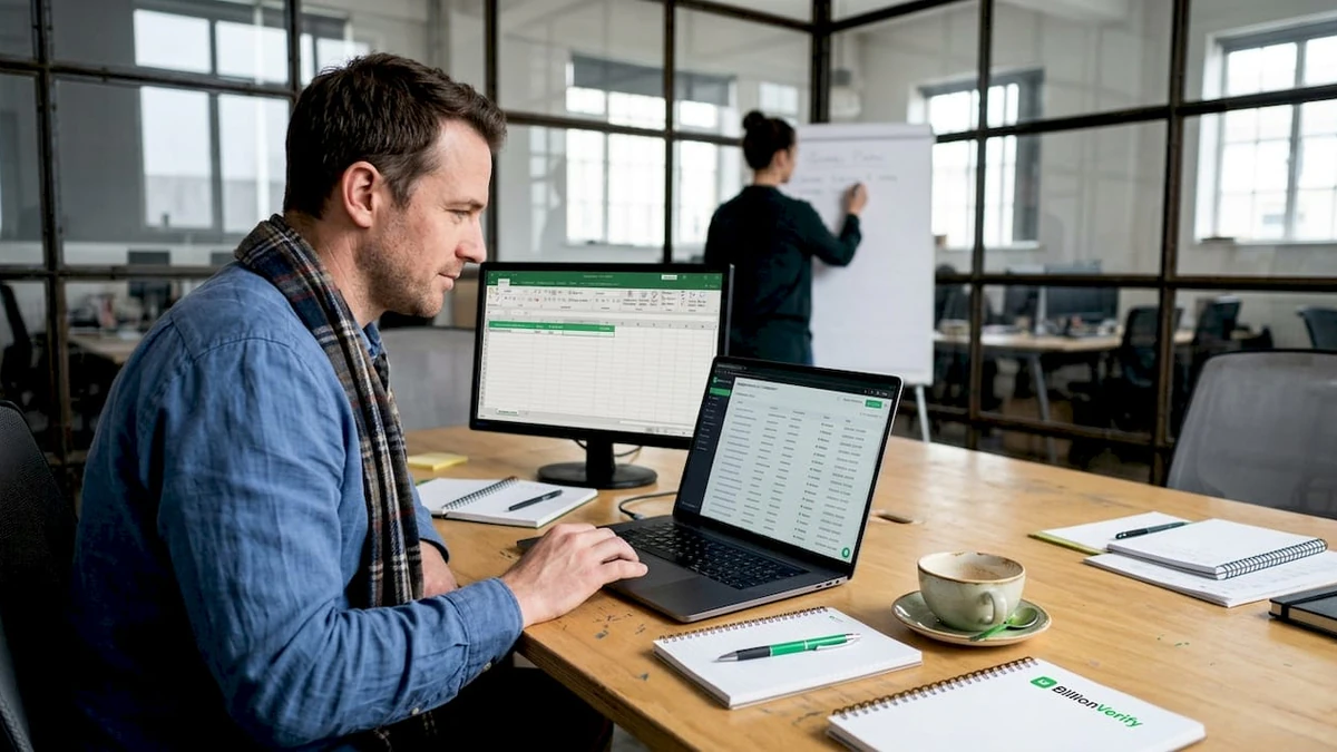 Man at a laptop with a spreadsheet while a colleague writes on a whiteboard, suppressing email lists