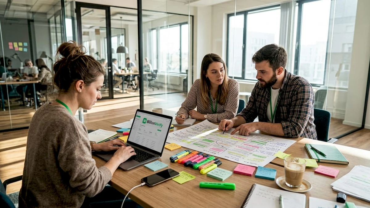 Three coworkers at a BillionVerify laptop with sticky notes comparing cold email tools