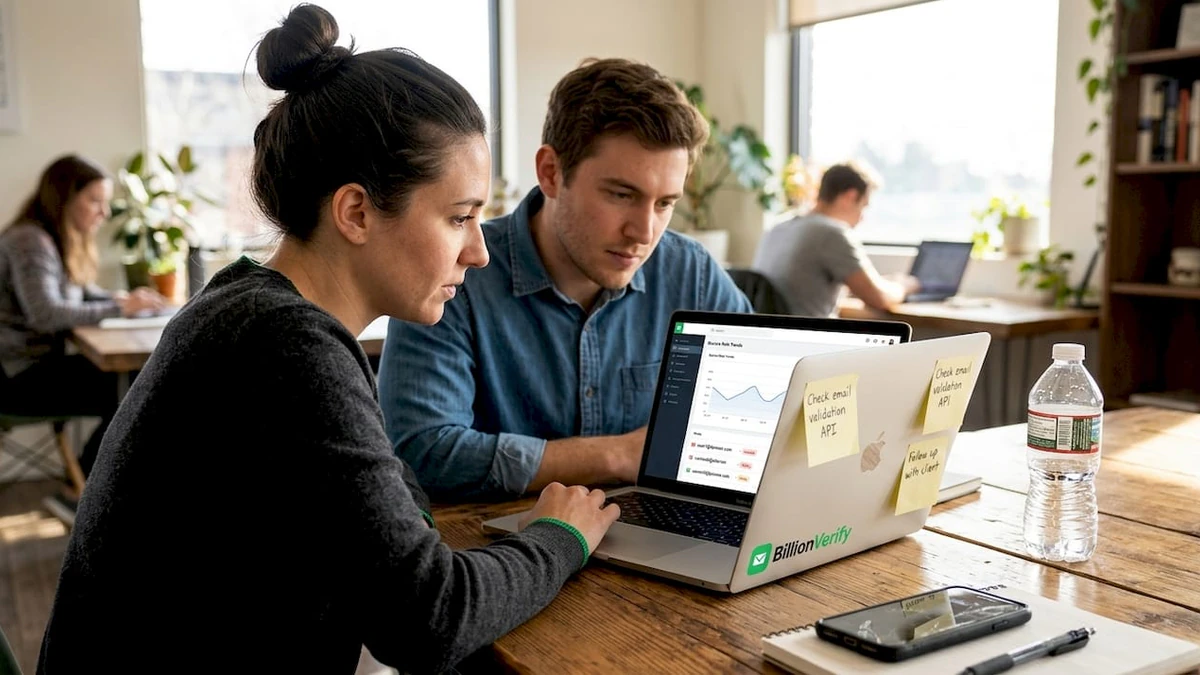 Two colleagues at a desk reviewing a cold email response rate dashboard on a laptop