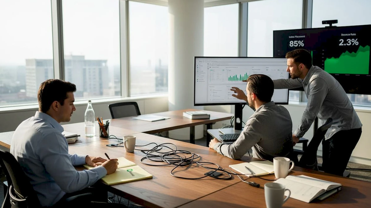 Three colleagues reviewing verification charts on office monitors while setting up Make email verification