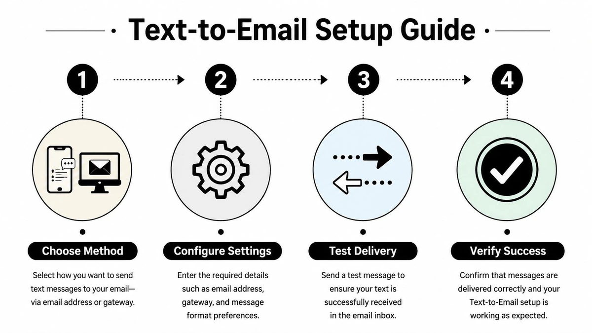 A four-step infographic illustrating the process for setting up a text-to-email forwarding system for message delivery.