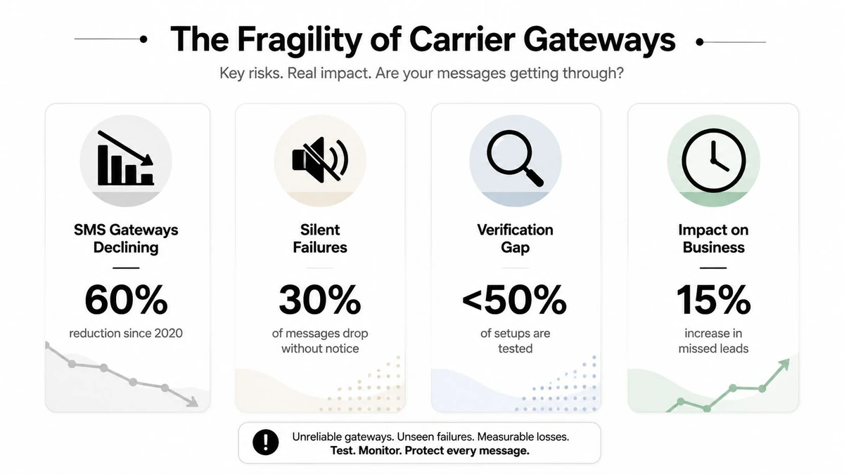 An infographic illustrating the reliability issues of carrier gateways, showing statistics on message failures and business losses.
