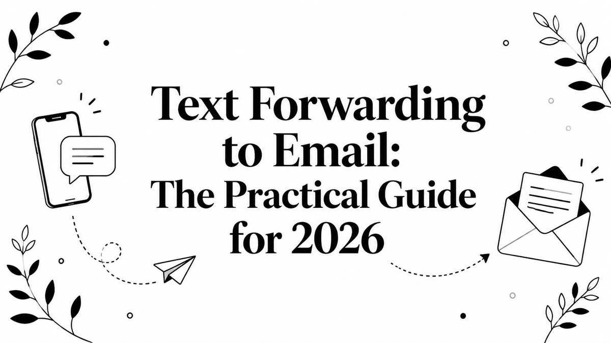 Title card reading Text Forwarding to Email: The Practical Guide for 2026, with a phone and envelope